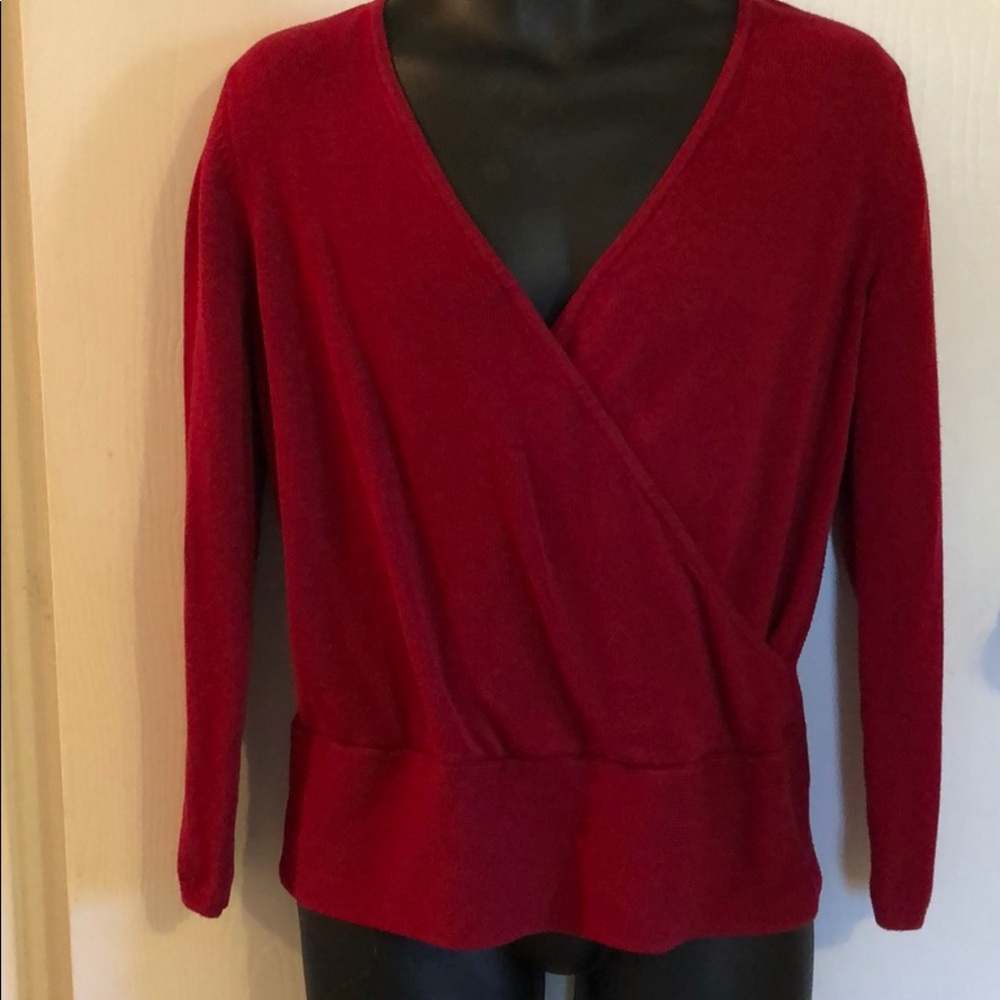 Women's Red Crossover Neck Sweater with Banded Hem - SOLD